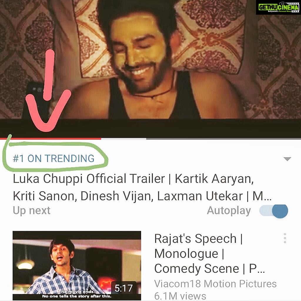 Kartik Aaryan Instagram - #Guddu is feeling shy 🙈 #LukaChuppi Still Trending At the top #Number1 Thank you for so much Pyaar....... 🤫❤️