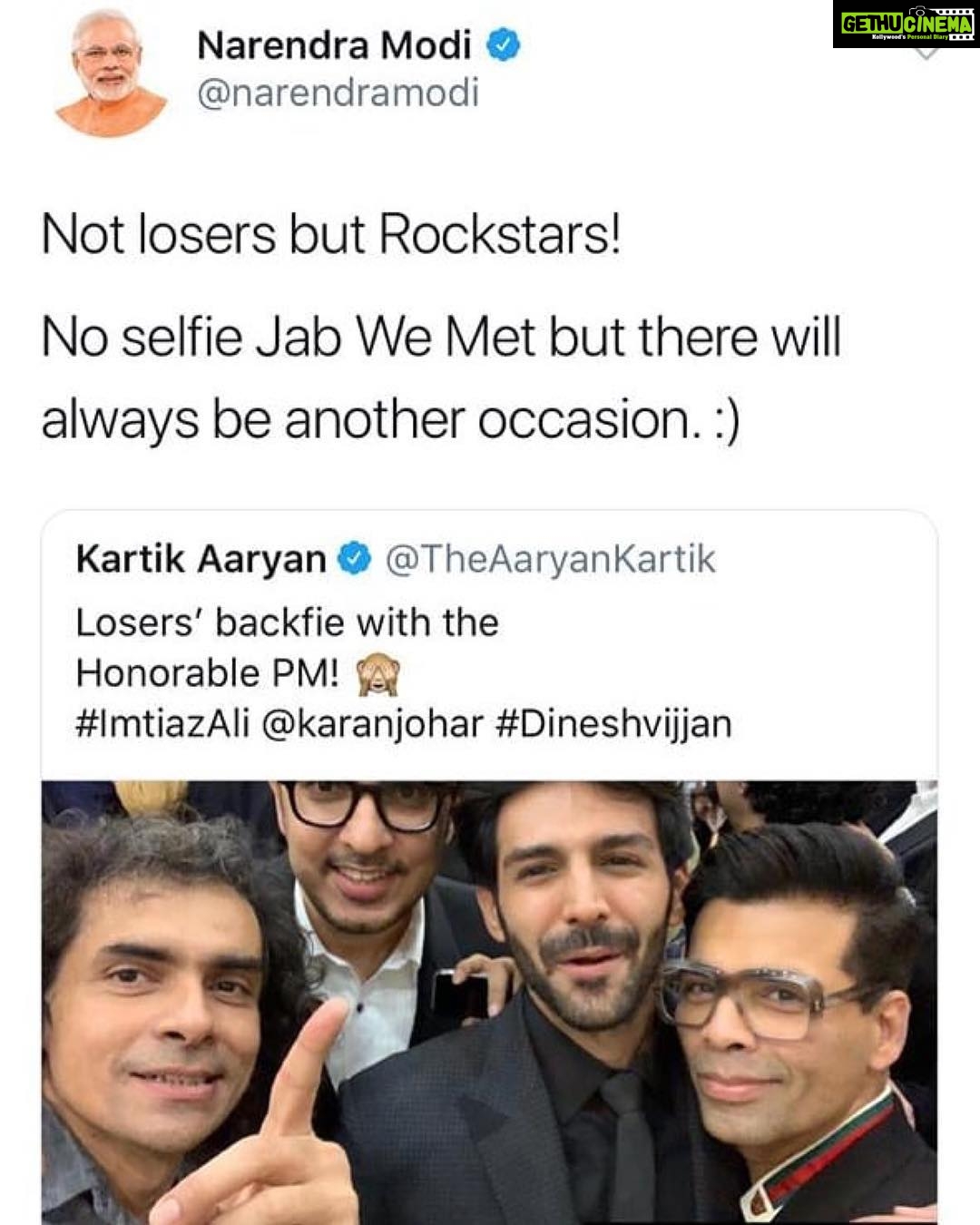 Kartik Aaryan Instagram - Epic ππ» π @narendramodi #Repost @instantbollywood Haha! Such a cute response by PM Modi for Kartik Aaryan, Dinesh Vijan, Imtiaz Ali & Karan Johar. . #kartikaaryan #dineshvijan #imtiazali #karanjohar