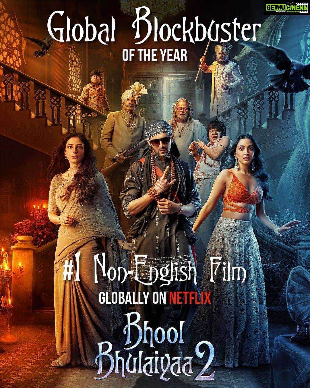 Kartik Aaryan Instagram - Number 1 Sirf India mein nahi, Poore World mein ho gayi bhai 🥳🥳 The Entire World is Zig Zagging and Singing Teri Aankhen Bhool Bhulaiyaa…TOPS THE NETFLIX WORLDWIDE CHART 🔥 Officially GLOBAL BLOCKBUSTER OF THE YEAR on Netflix Now 🙏🏻 #BhoolBhulaiyaa2 🤙🏻