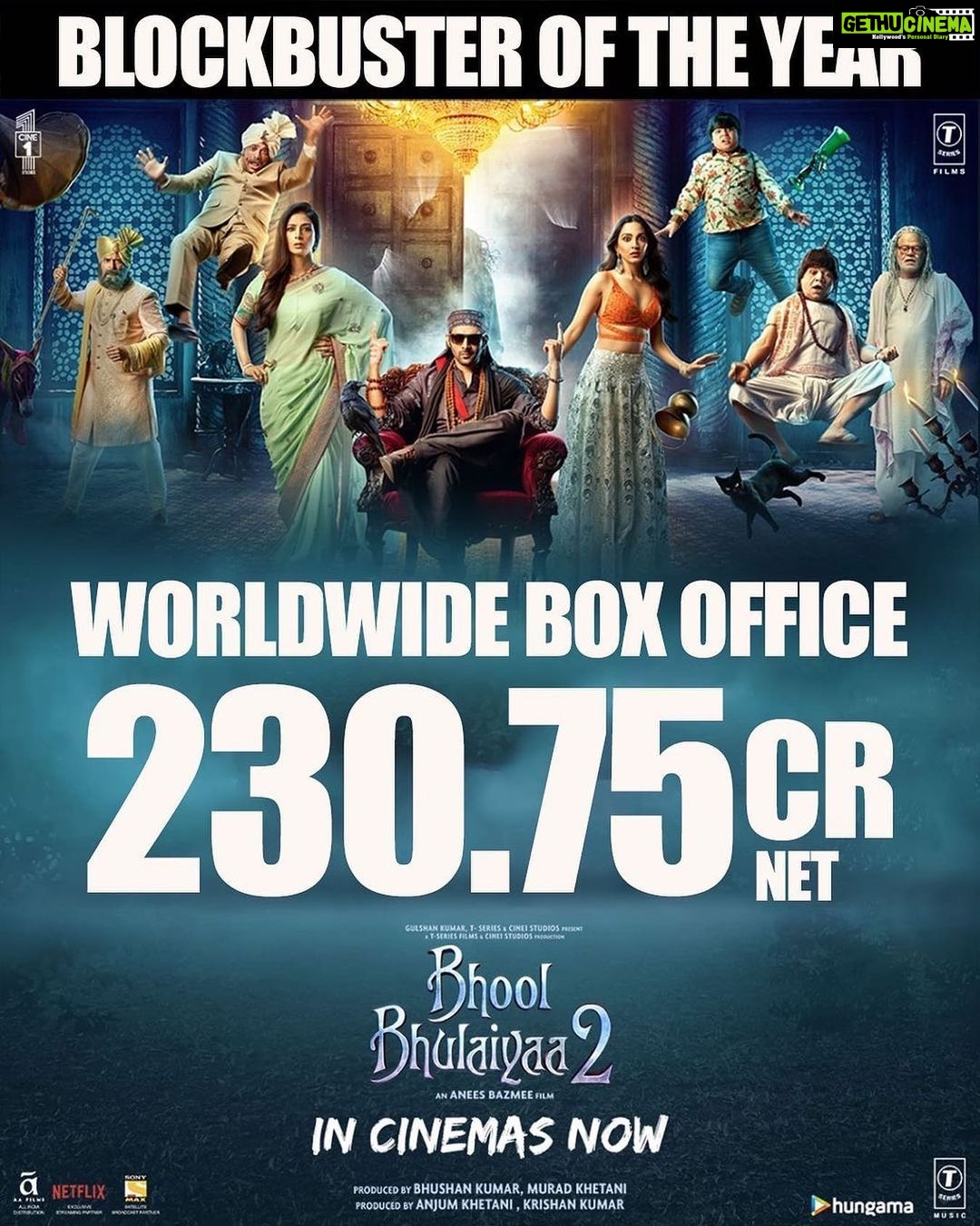 Kartik Aaryan Instagram - #Gratitude ππ»β€οΈ #BhoolBhulaiyaa2 still running at theatres near you and if far also, please go ππ» #6thWeek β€οΈ #Repost β’ @muradkhetani A blockbuster all over! #BhoolBhulaiyaa2 continues to soar π» Book tickets now: link in bio Watch the BIGGEST FAMILY ENTERTAINER, IN CINEMAS NOW! Starring @kartikaaryan, @kiaraaliaadvani, @tabutiful and @rajpalofficial; produced by #BhushanKumar, @anjummurad and #KrishanKumar; directed by @aneesbazmee; cinematography by @chaayaankan; written by @aakashkaushik25 & @farhadsamji @ipritamofficial @amitabhbhattacharyaofficial @filmykothari @tseriesfilms @castingchhabra @tseries.official @shivchanana @shreyaghoshal @arijitsingh @cine1studios @aafilms.official