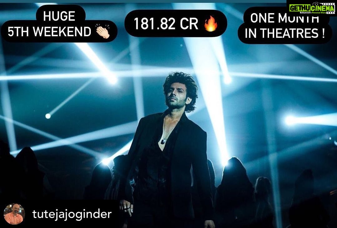 Kartik Aaryan Instagram - #Grateful 🙏🏻 #BhoolBhulaiyaa2 Completes One Month in Theatres 🔥🔥 and 180 Crores Crossed 🙏🏻 2.5 crores yesterday on 5th Sunday🔥 #Repost @tutejajoginder #BhoolBhulaiyaa2 crosses 180 crores and completes a month in theatres. Yet another benchmark was scored on its 5th Sunday with a huge number of 2.51 cr. This trend is unbelievable, especially in today’s time. The @kartikaaryan starrer is Blockbuster of the Year!