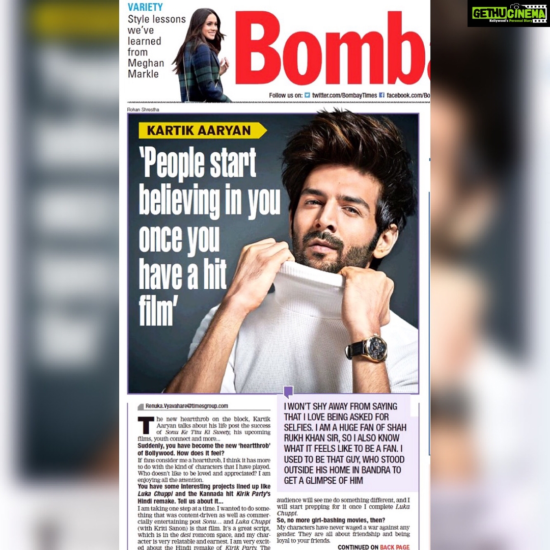 Kartik Aaryan Instagram - Thank you @mumbaigirl14 for the wonderful interview ❤️ @bombaytimesofficial 🙏🏻