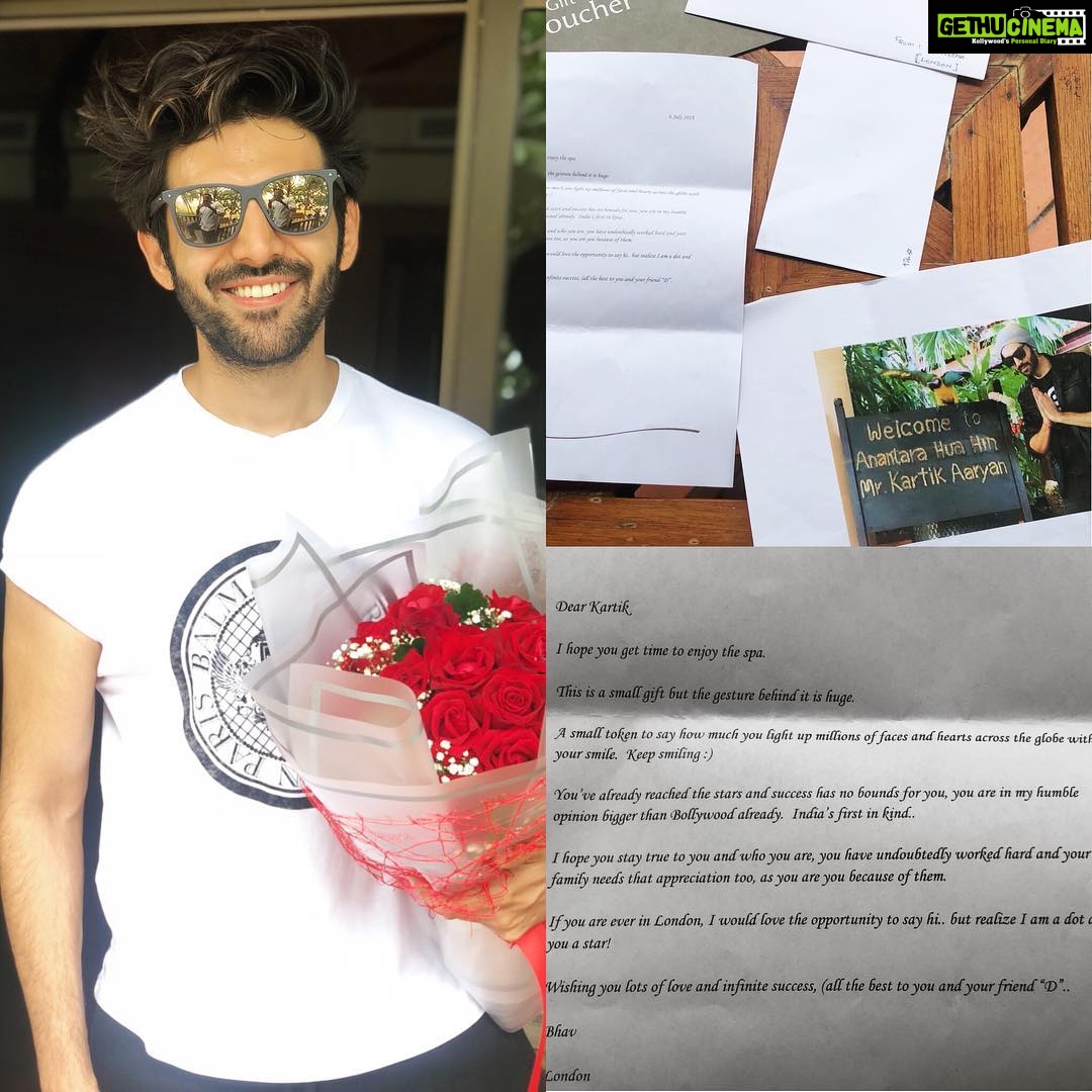 Kartik Aaryan Instagram - It always feel special when u guys show so much love Thank u Bhavini for all the Efforts , Gifts and beautiful Flowers ā¤ļøā¤ļø Plus with this post i wanted to thank all my fans for being so cool and pouring in so much love ...u guys show so much love even across borders.. A Big Thank You ššššš»šš»