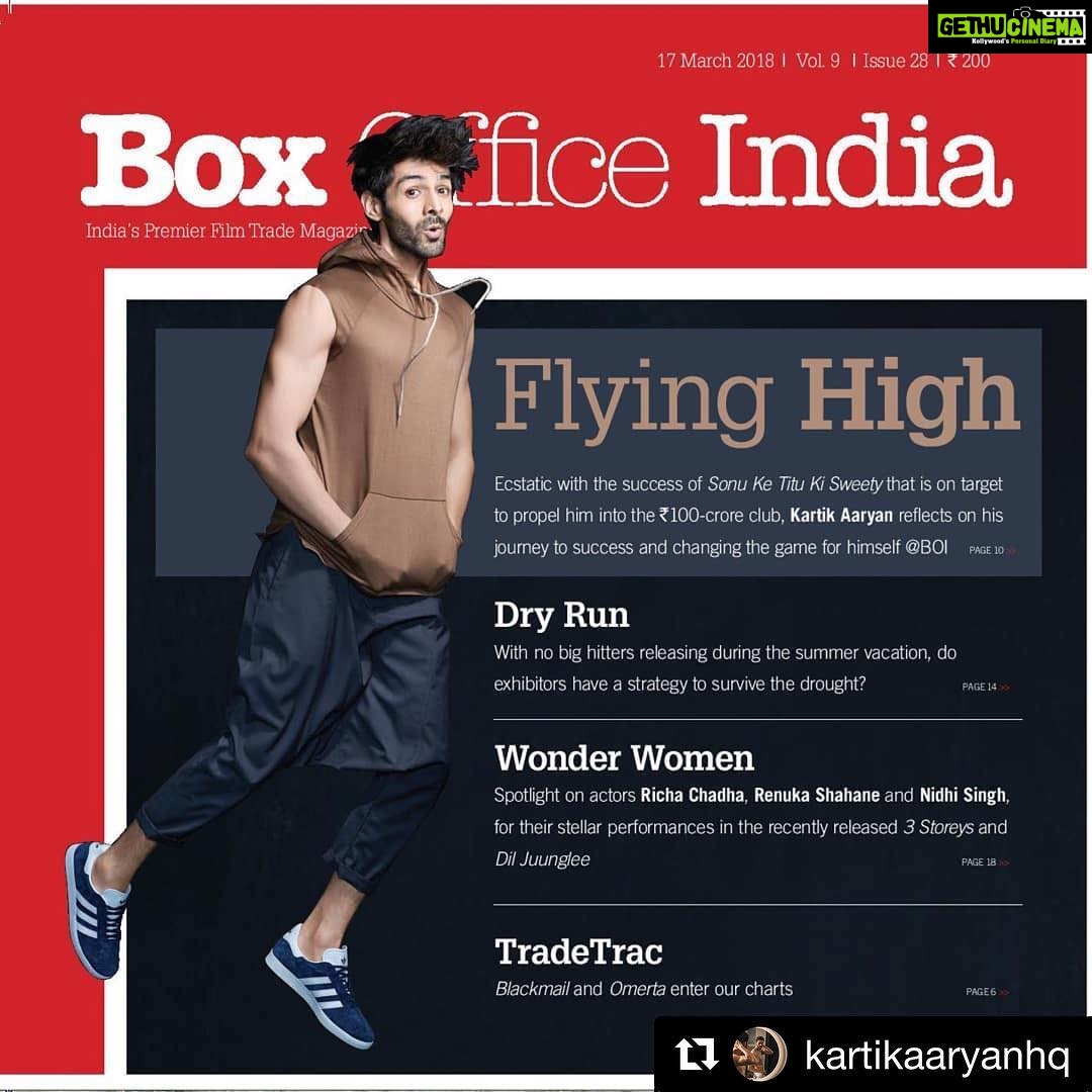 Kartik Aaryan Instagram - #Repost @kartikaaryanhq The New Prince of Box office π FLYING HIGH! Kartik Aaryan on the latest cover of popular trade magazine @boxofficeindiamag Photo Credit - @prasadnaaik #AaryanKartik #KartikAaryan #cover #boy #boxofficeIndia #BOI #trade #Magazine #Bollywood #sktks100cr #youngest #star #SKTKS #SonuKeTituKiSweety #success #blockbuster #Kingofmonologues #Mumbai #100cr #movieclub #NationalCrush #girlscrush #crush #hottie #PrasadNaik #photography