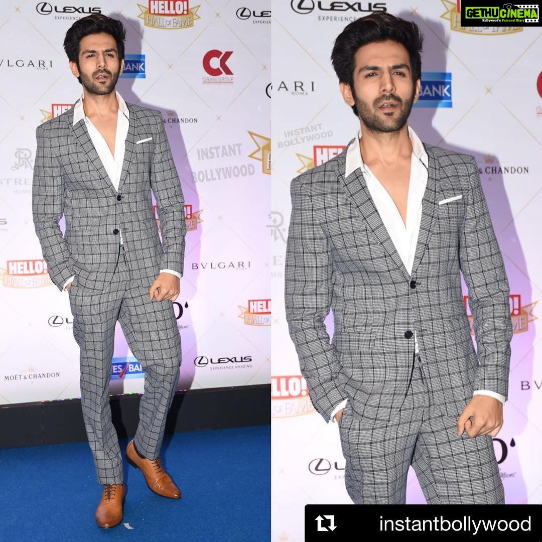 Kartik Aaryan Instagram - Last nyt at #HelloAwards @hellomagindia #Repost @instantbollywood The Latest Heartthrob Kartik Aaryan looking hot as hell β€ Rate his look π 1.. π at Hello Hall of Fame Awards. Styled by @khushikarwa54