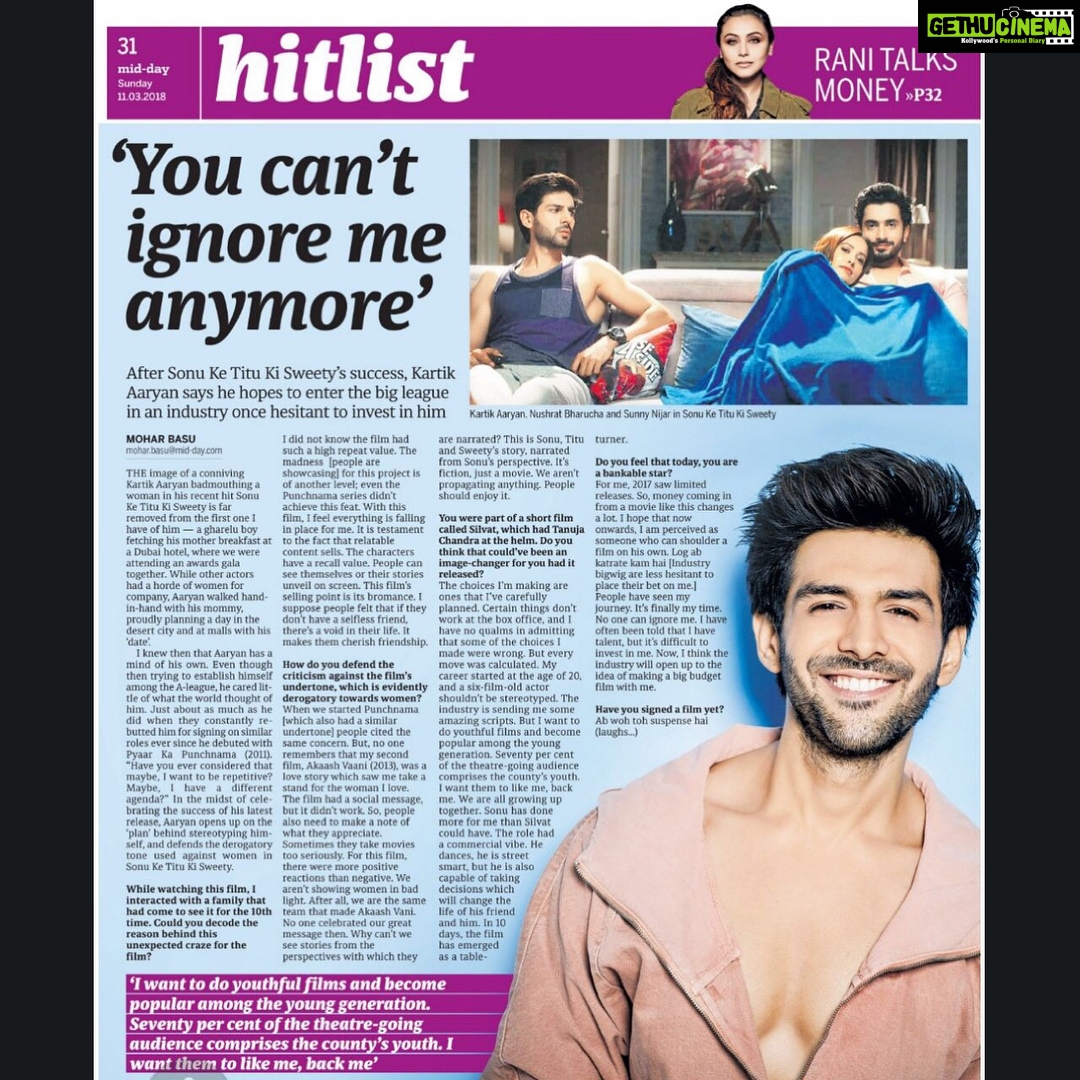 Kartik Aaryan Instagram - Thank u Rockstar @moharbasu @middayindia ♥️ Photo credit - @rohanshrestha