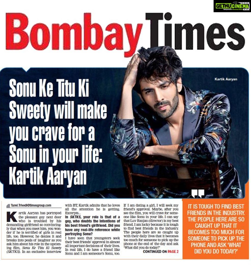 Kartik Aaryan Instagram - So many amazing Reviews coming in !!!!🤩🤩 Thank u for showering Sonu wid so much love 💙 Thank you @bombaytimes @maddymatters_ @tanvi2398 @thetimesofindia #SonukeTitukiSweety IN THEATRES NOW 👊🏻💔
