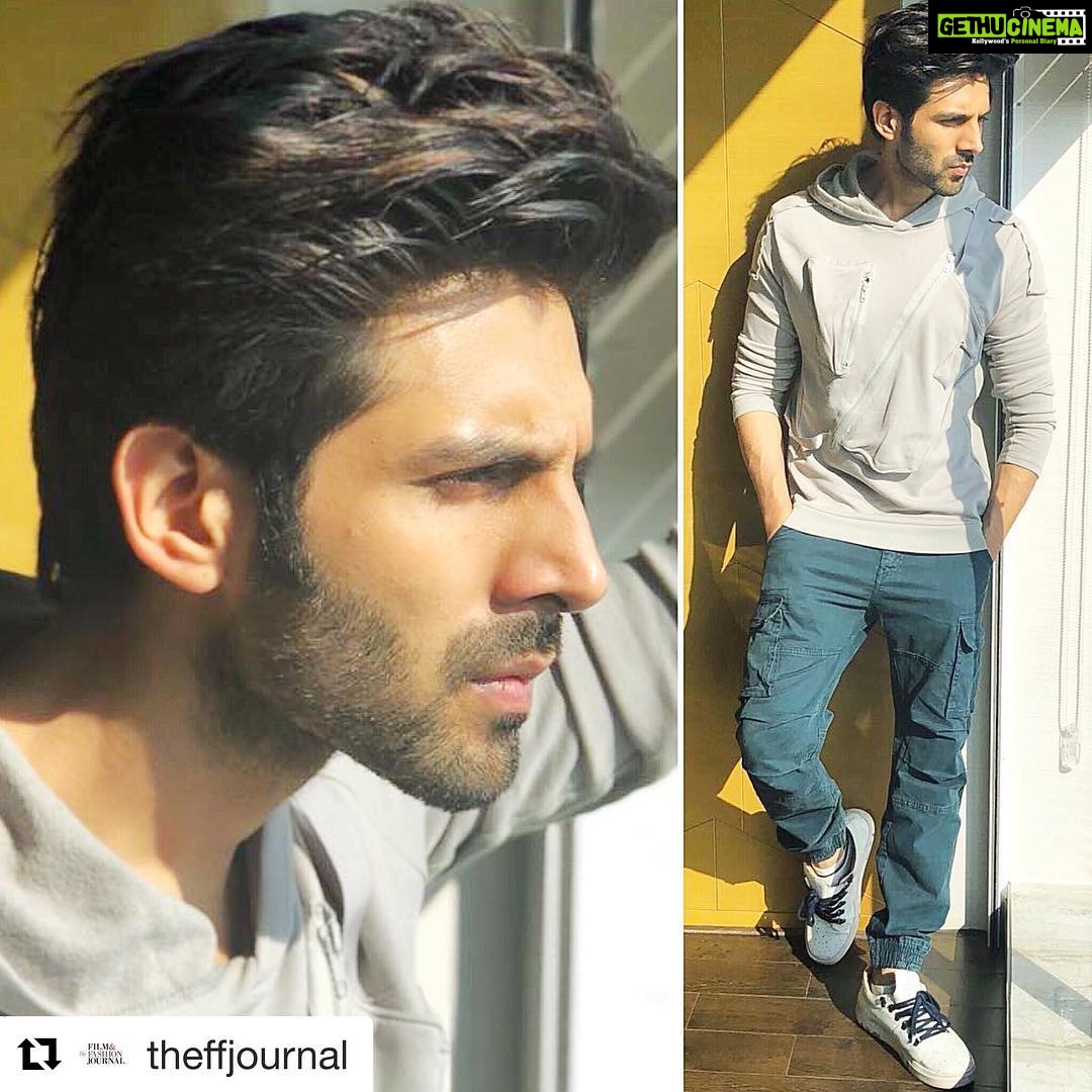 Kartik Aaryan Instagram - #Repost @theffjournal ・・・ #KartikAaryan promoting #SonuKiTituKiSweety - Hood: @aura_hub Cargo pants: @asos_man Stylist: @sukritigrover @style.cell - #kartik #india #bollywood #asos #hoodie #fashion #fashionblogger #menswear #mensfashion #theffjournal #ootd #winterfashion #menshoes #mensstyle #asosmen
