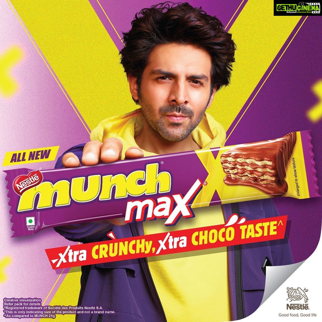Kartik Aaryan Instagram - Aapka #ChocolateBoy aapke liye laaya hai Xtra CRUNCHY Xtra CHOCO Taste 🍫 MUNCH😋 Happy to be the face of @nestle.munch ❤️