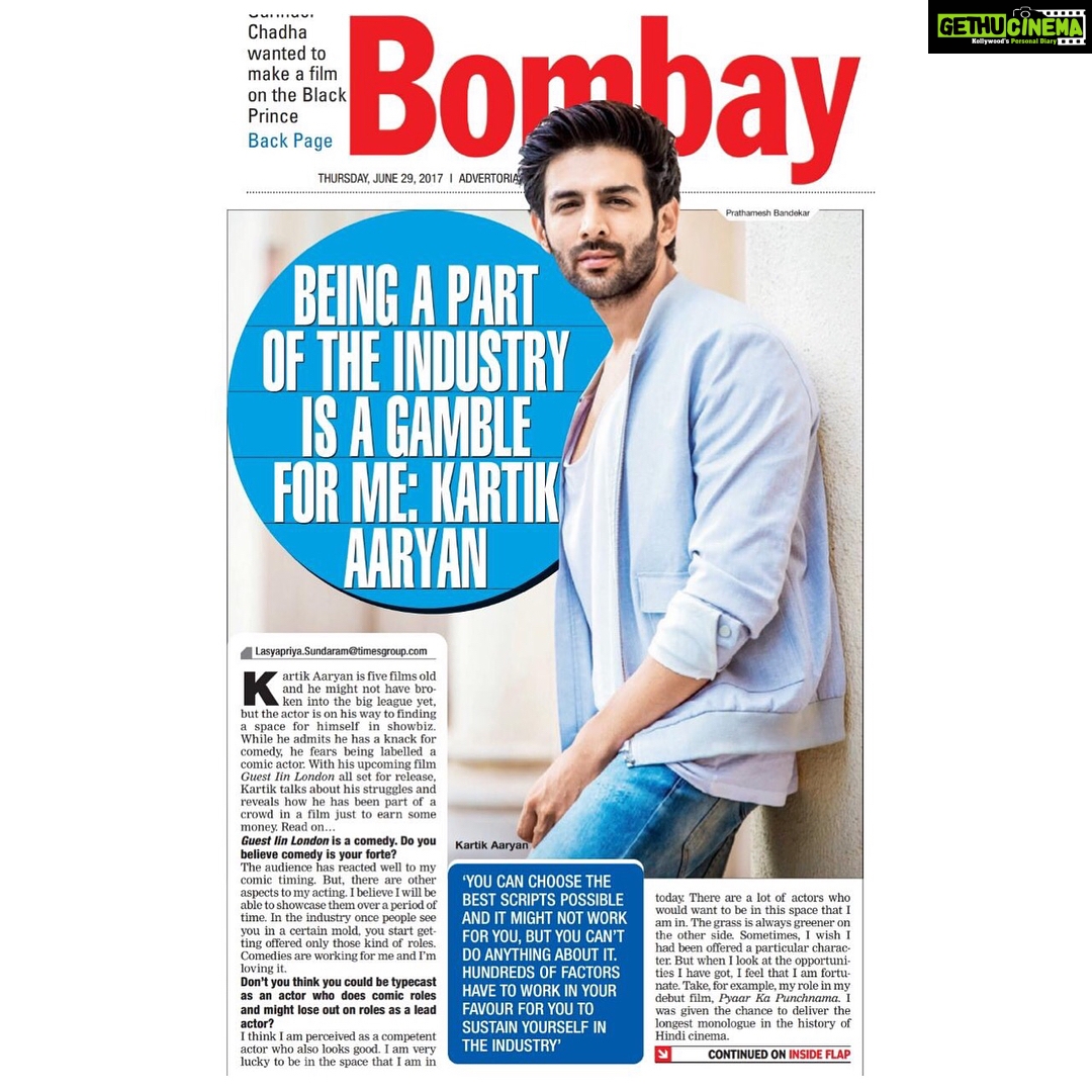 Kartik Aaryan Instagram - Thank you @bombaytimesofficial @lasyapriyasundaram for an amazing interview 🙏🏻 @prathameshb84 for the Shot 😎