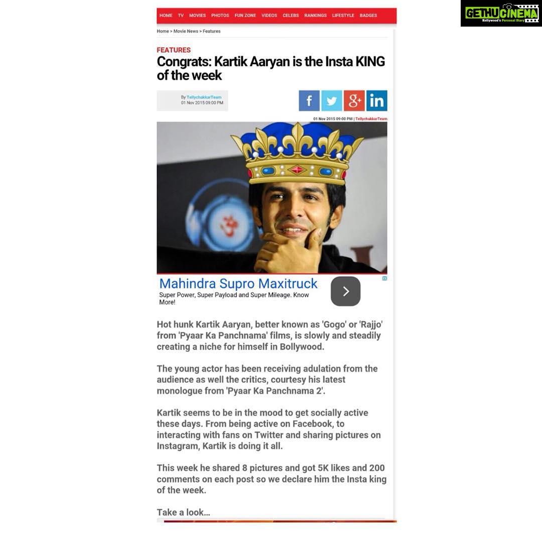 Kartik Aaryan Instagram - Hahah i like the Hat ;) 👑 Thanx @tellychakkar and Thank you all for so much love :)))