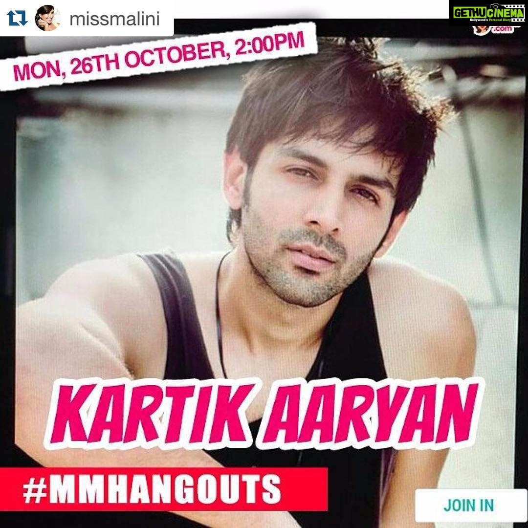 Kartik Aaryan Instagram - #Repost @missmalini ・・・ #TeamMissMalini is hanging out with #KartikAaryan tomorrow at 2pm & they're super excited! You can speak to him too - just a post a comment below saying you'd like to join & we'll pick a few of you to dial in and speak to him LIVE on camera! :) :) #PKP2 #pyaarkapunchnama2 #MMHangouts #cute #bollywood #instabollywood #interview #googlehangout #live #livechat @kartikaaryan