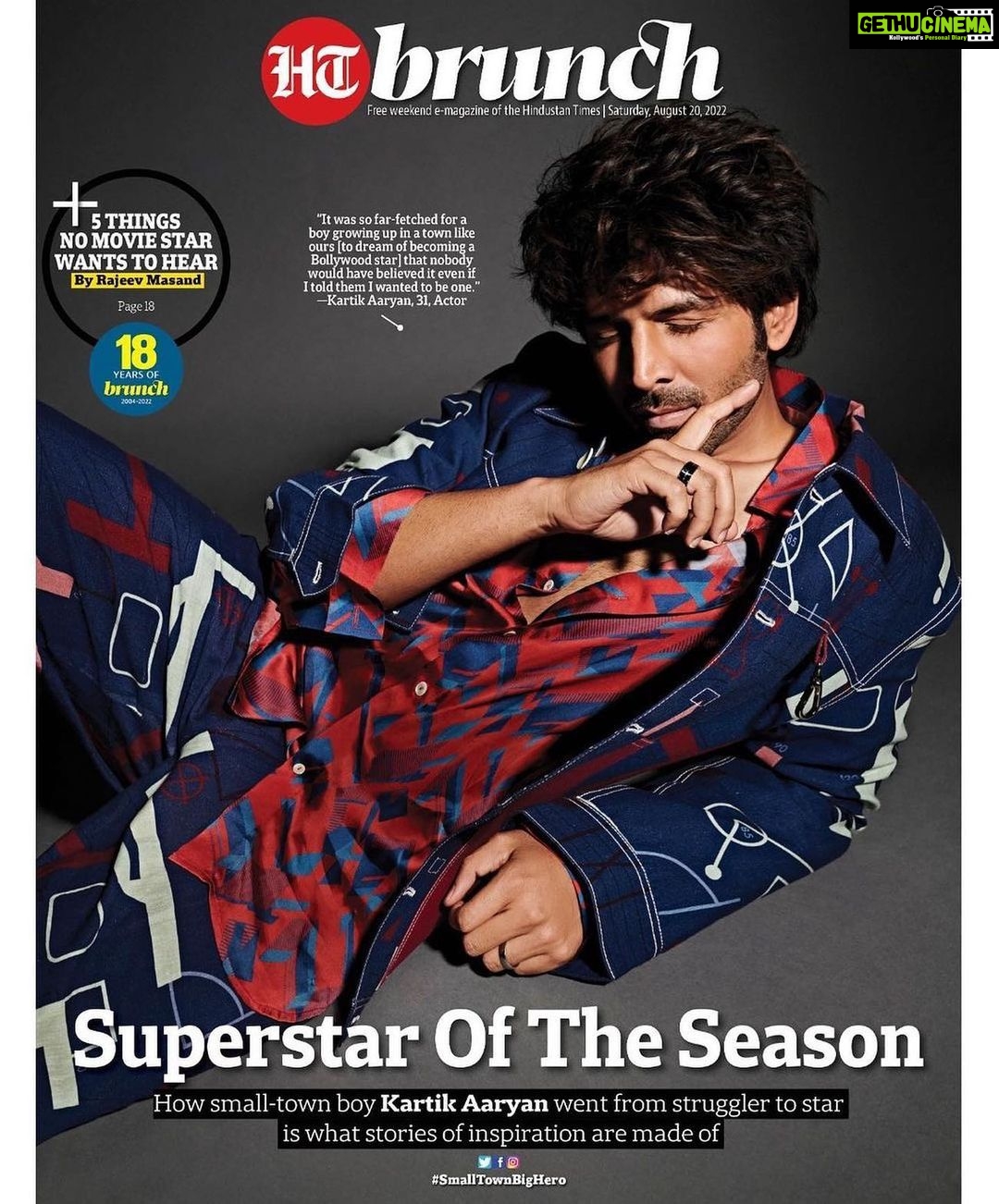 Kartik Aaryan Instagram - Dreams do come true #Gratitude 🙏🏻🤙🏻 #Repost @jamalshaikh Today’s @htbrunch celebrates the small town boy turned superstar, whose struggle-to-success story is an inspiration to many: Kartik Aaryan ••• Interviewed by @ananyaawrites Photographer exclusively for @htbrunch by @vaishnavpraveen @thehouseofpixels Styling by @eshaamiin1 Make-up by #VickySalvi Hairstyling by @milankepchaki