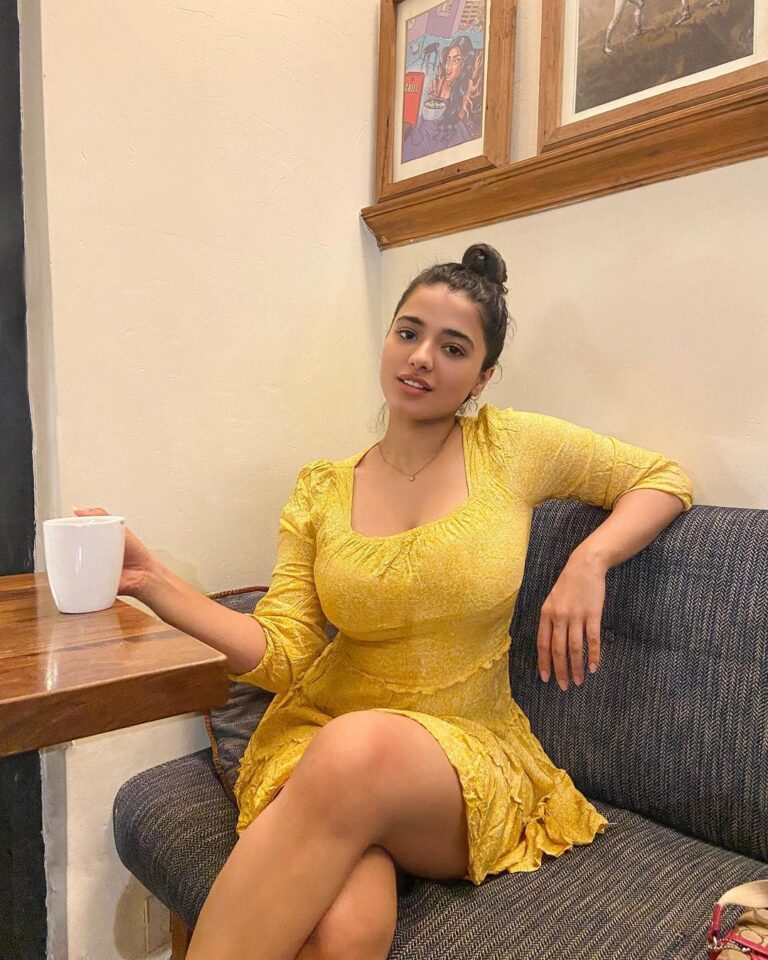 Ketika Sharma Instagram - Cafes and coffees make me a happy girl ☕️ 📷- @shazzalamphotography 🙃 #yellow #skaterdress #mood #coffeelover #coffee #is #life #goodvibes #grateful #loveandlight