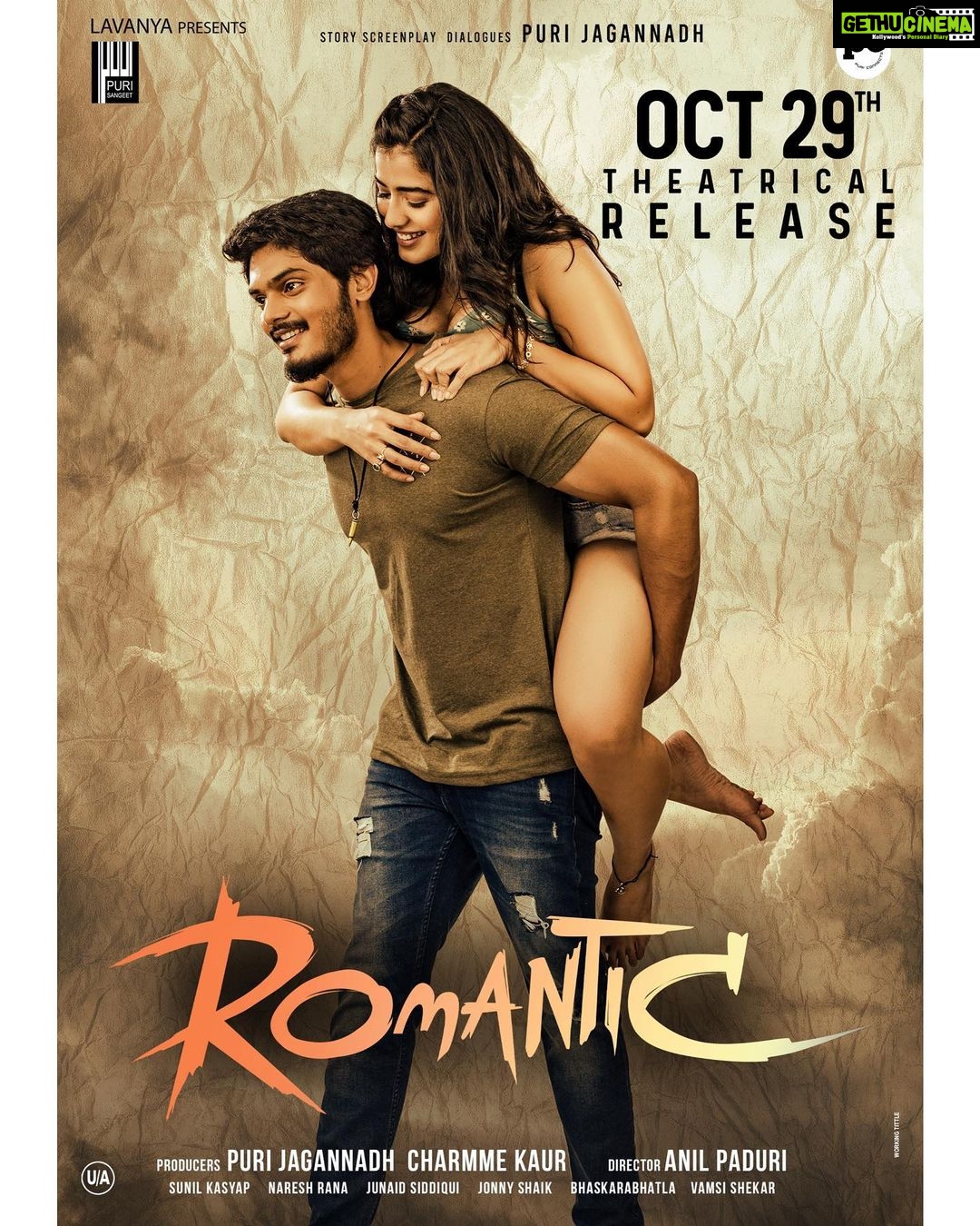 Ketika Sharma Instagram - The Celebration of Love Begins in Theatres a bit early🤩 #Romantic Releasing on OCT 29th🎥 Mark your Calendars to DIVE in Love❤️ @actorakashpuri @ketikasharma @meramyakrishnan #PuriJagannadh @charmmekaur #SunilKashyap #AnilPaduri @vish_666 @junaid.editor @jonnyshaikartdirector @uttejartiste @meesunaina @deviyyani @temper_vamsi @raviawana @nareshkancharana @puriconnects #PCfilm #RomanticOnOCT29th 💥