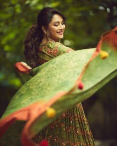 Madhuri Dixit Instagram - Into the wild! 

#jhalakdikhlajaa #photooftheday #tuesday #tuesdayvibes #green #ethnic #photoshoot #shootdiaries #lehenga