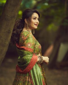 Madhuri Dixit Instagram - Into the wild! 

#jhalakdikhlajaa #photooftheday #tuesday #tuesdayvibes #green #ethnic #photoshoot #shootdiaries #lehenga