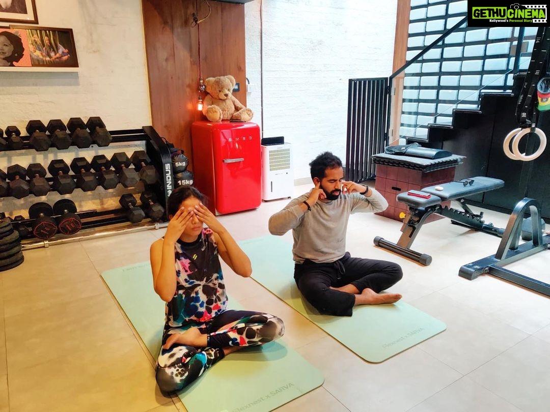 Mira Rajput Instagram - A bit of a stretch 🧘♀️ I had a great class of deep stretching, hip openers and thoracic twists while my yoga buddy and apparent yoga expert stretched his fingers on WhatsApp.. So I pulled him on the mat for a Pranayama series at the end. The Bhramari Pranayama is one of my favourites; it’s calming, invigorating and great as a part of the entire series that for me included Surya Nadi breathing and Bhastrika. Clearly, he needs it more than me. Also, my half lotus is better than yours @sarvesh_shashi 😆
