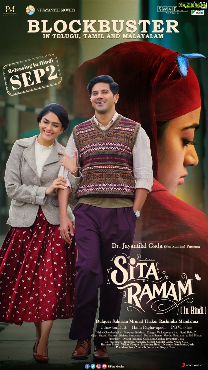 Mrunal Thakur Instagram - SURPRISE 🦋🦋🦋🦋🦋 #SitaRamam to mesmerize in Hindi, Grand Release On Sep 2nd 🦋💖 @dqsalmaan @hanurpudi @rashmika_mandanna @sumanth_kumar @bhumika_chawla_t @vennelakish @sharma_murli @tharunbhascker #ChalasaniAswaniDutt @composer_vishal #PSVinod #KotagiriVenkateswaraRao @mrsheetalsharma @vyjayanthimovies @swapnacinema @penmovies @jayantilalgadaofficial @dqswayfarerfilms @lyca_productions @reliance.entertainment @swapnaduttchalasani @priyankacdutt @sonymusic_south @tsunilbabu @ali_thohts @prasanth_ank7 @shreyaas_krishna @madhankarky @ashwathbhatt @sillymonksnt @swiggyindia @paytmtickets @royalenfield @geethagautham @anilandbhanu @ursvamsishekar @prasad_darling @sheelapanicker026 #sitaramamhindi