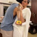 Neha Dhupia Instagram - The many moods of last night … my first ever award for #athursday … it’s impossible to win an award for best supporting actor without the support of the entire team! If it was nt for these brave men behind the film, the story , the screenplay there’s no way we would be able to weave such a strong narrative of having a baby in real and reel life together … Thankyou @behzu @alobo2112 for still letting me be your #CatherineAlvarez … thank you @ronnie.screwvala for not doubting us even for a second , thank you @pashanjal @yamigautam @atulkulkarni_official @ayeshakhanna20 team @rsvpmovies and team #athursday for making place for both of us 🤰 on set and in the script. Thank you #htottawards for recognising this effort at a time when women in cinema are doing such exceptional work and oh my goodness thank you ma pa ❤️ , my loving husband @angadbedi as I hold you closer and tighter than this trophy for all you do even if it is running away to the refrigerator right after every cuddle ( image 👉 10 😉) … this one’s for my baby girl who waited patiently for mama to come home after work and my baby boy who hung in there right till the end and never troubled mama on set!!! ♥️
