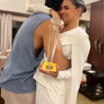 Neha Dhupia Instagram - The many moods of last night … my first ever award for #athursday … it’s impossible to win an award for best supporting actor without the support of the entire team! If it was nt for these brave men behind the film, the story , the screenplay there’s no way we would be able to weave such a strong narrative of having a baby in real and reel life together … Thankyou @behzu @alobo2112 for still letting me be your #CatherineAlvarez … thank you @ronnie.screwvala for not doubting us even for a second , thank you @pashanjal @yamigautam @atulkulkarni_official @ayeshakhanna20 team @rsvpmovies and team #athursday for making place for both of us 🤰 on set and in the script. Thank you #htottawards for recognising this effort at a time when women in cinema are doing such exceptional work and oh my goodness thank you ma pa ❤️ , my loving husband @angadbedi as I hold you closer and tighter than this trophy for all you do even if it is running away to the refrigerator right after every cuddle ( image 👉 10 😉) … this one’s for my baby girl who waited patiently for mama to come home after work and my baby boy who hung in there right till the end and never troubled mama on set!!! ♥️
