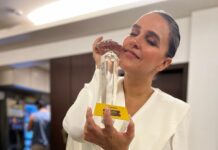 Neha Dhupia Instagram - The many moods of last night … my first ever award for #athursday … it’s impossible to win an award for best supporting actor without the support of the entire team! If it was nt for these brave men behind the film, the story , the screenplay there’s no way we would be able to weave such a strong narrative of having a baby in real and reel life together … Thankyou @behzu @alobo2112 for still letting me be your #CatherineAlvarez … thank you @ronnie.screwvala for not doubting us even for a second , thank you @pashanjal @yamigautam @atulkulkarni_official @ayeshakhanna20 team @rsvpmovies and team #athursday for making place for both of us 🤰 on set and in the script. Thank you #htottawards for recognising this effort at a time when women in cinema are doing such exceptional work and oh my goodness thank you ma pa ❤️ , my loving husband @angadbedi as I hold you closer and tighter than this trophy for all you do even if it is running away to the refrigerator right after every cuddle ( image 👉 10 😉) … this one’s for my baby girl who waited patiently for mama to come home after work and my baby boy who hung in there right till the end and never troubled mama on set!!! ♥️