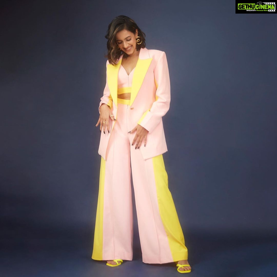 Niharika Konidela Instagram - Power suit, but make it fun ! 💛 Outfit by @ranbirmukherjeeofficial Jewels by @misho_designs Heels by @paioshoes HMU by @makeup.artist.anusha Styled by @sayali_vidya Clicked by @mourya Show runner @sunnybond 😅