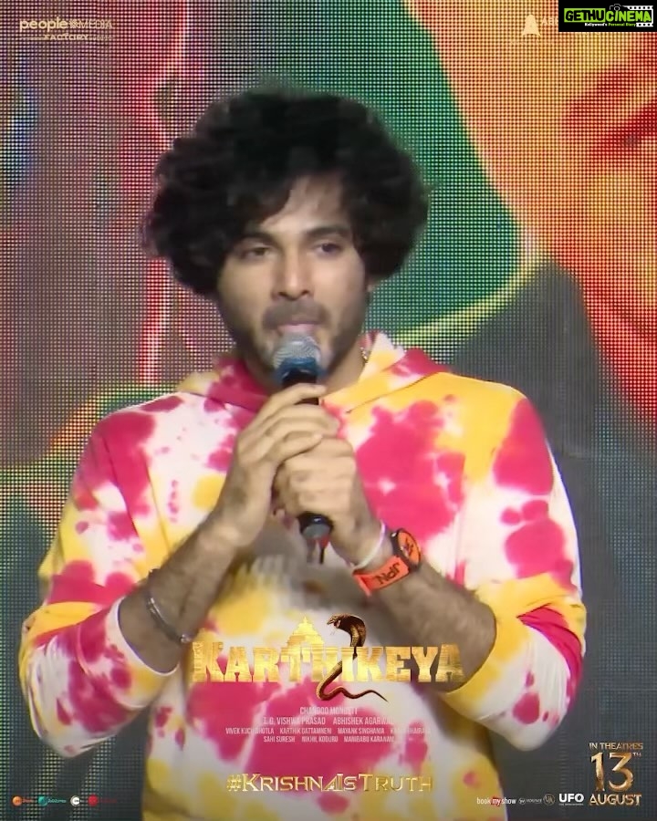 Nikhil Siddhartha Instagram - Thanks to @siddu_buoy And @adivisesh Both busy prolific stars to take time out and Grace the Pre Release of #Karthikeya2 and Give us so much positivity 🙏🏽 Here is what they had to say…