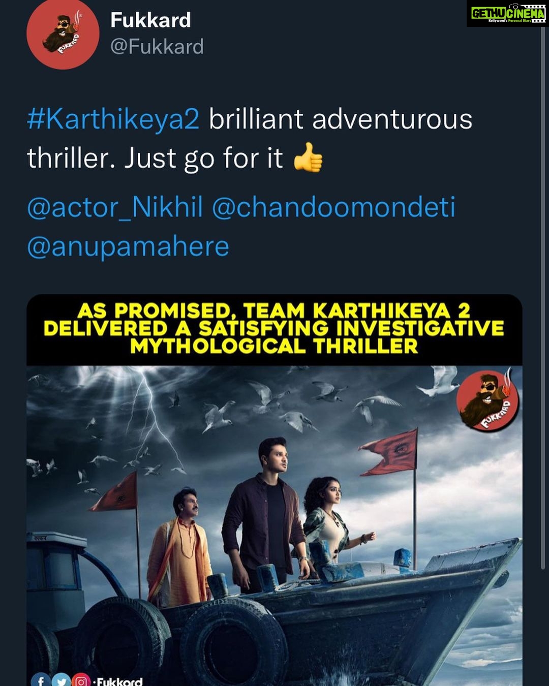 Nikhil Siddhartha Instagram - SUPER POSITIVE REVIEWS everywhere 💥💥💥👻👻👻👻 #karthikeya2 is being liked and loved… Plz go catch it in theatres ❤️❤️❤️❤️