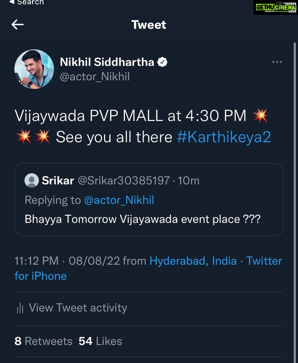 Nikhil Siddhartha Instagram - Karthikeya2 Team coming to Vijaywada tomorrow 💥💥💥 PVP mall 4:30 Pm… let’s rock it guys 🔥