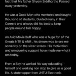 Nikhil Siddhartha Instagram - Devastated that My father Shyam Siddhartha Passed away yesterday. He was a Good Man who mentored and taught thousand of students, Guided many in their Careers and always did his best to keep people around him happy. An Avid Movie Buff who was a huge fan of the Greats NTR & ANR , his dream was to see me someday on the silver screen. His motivation and unwavering support have made me what I am today. From a Boy he worked his way educating himself and working non stop to give us a good life. A state topper from JNTU Electronic Engineer, he only believed in Hard Work. But when his time came to Enjoy the fruit he was struck by a Rare Disease. CorticoBasal Degeneration... The last 8 years he has fought it, doing his best to stay for us, ably supported by my mother and Family. However yesterday he breathed his last. Hope you find peace wherever you are Daddy. We Love you and Miss you a Lot. Not a day will pass without us thinking about you. Our Cross road movie and Biryani Outings, Long drives to distant places, Summers in Mumbai... will miss them all. I want to say that I am always proud to be Your son. Hope we meet again daddy. Ur Nikki nanna