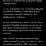 Nikhil Siddhartha Instagram – Devastated that My father Shyam Siddhartha Passed away yesterday. 

He was a Good Man who mentored and taught thousand of students, Guided many in their Careers and always did his best to keep people around him happy. 

An Avid Movie Buff who was a huge fan of the Greats NTR & ANR , his dream was to see me someday on the silver screen. His motivation and unwavering support have made me what I am today. 

From a Boy he worked his way educating himself and working non stop to give us a good life. A state topper from JNTU Electronic Engineer, he only believed in Hard Work. 

But when his time came to Enjoy the fruit he was struck by a Rare Disease. CorticoBasal Degeneration… The last 8 years he has fought it, doing his best to stay for us, ably supported by my mother and Family. However yesterday he breathed his last. 

Hope you find peace wherever you are Daddy. We Love you and Miss you a Lot. Not a day will pass without us thinking about you. Our Cross road movie and Biryani Outings, Long drives to distant places, Summers in Mumbai… will miss them all. 
I want to say that I am always proud to be Your son. Hope we meet again daddy. 

Ur Nikki nanna