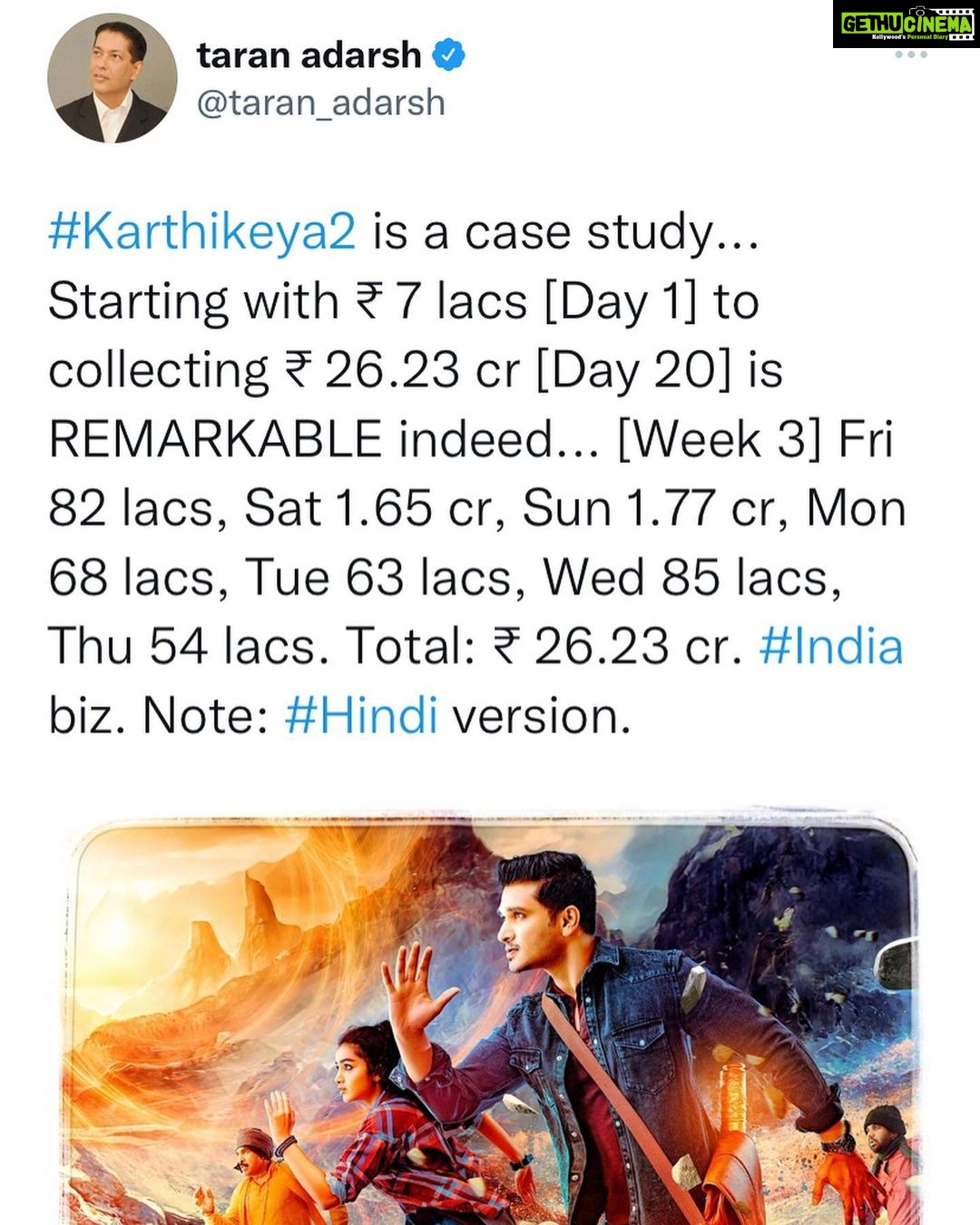 Nikhil Siddhartha Instagram - ππ½ππ½ππ½ Indian Movie Loversβ¦ thanks for the Unanimous Love for #Karthikeya2Hindi #Karthikeya2 We have been crossing some big milestones and itβs all thanks to u ππ½ππ½ππ½ππ½ππ½ππ½ we r still playing in every cityβ¦ please do watch it if you havenβt yet ππ½π₯