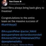 Nikhil Siddhartha Instagram - Charan Bhai 🙏🏽🙏🏽🙏🏽 coming from you the entire team of #Karthikeya2 is overjoyed ❤️❤️❤️ and so am I 🙏🏽🤗 Ur wishes mean a lot to us 🔥🔥🔥 #RRR #AlluriSeetharamaraju #Karthikeya2Hindi @alwaysramcharan