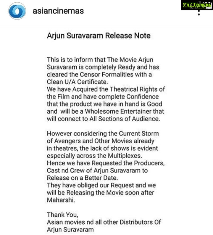 Nikhil Siddhartha Instagram - Im Heart Broken and sad. Arjun Suravaram had Completed its Censor Formalities Yesterday with a clean U/A & our team Were joyous abt the May Day release. But then Its in the hands of the Distributors who Liked our Movie & Bought it with a Lot of Money. I'm tied 2 respect their decision. Your Support has been immense always for me and i sincerely apologise to all of you for the delay. Here is The distributors Official Press Note.