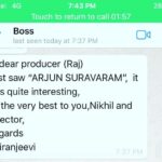 Nikhil Siddhartha Instagram - My prod Rajkumar was so happy reading some mssgs on his phn. I pulled his phn 2 check wht it is ..nd OMG its the msg from our beloved MEGA STAR himself on #ArjunSuravaram teaser. The biggest high of our life.🤸‍♂🤸‍♂ #BOSS 🙏 p.s- took the legends permission b4 sharing this 🤗