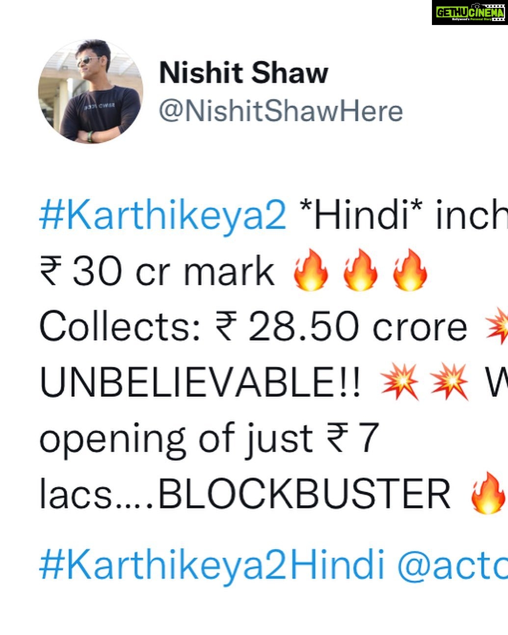 Nikhil Siddhartha Instagram - Hindi #Karthikeya2 🔥🙏🏽 Thank you for this… Love to Everyone who has made this possible #Karthikeya2Hindi 4th week and still playing in 1000 locations with 2500 shows… #Karthikeya2 @anupamaparameswaran96 @anupampkher @abhishekofficl @tgvishwaprasad @actorysr @harshachemudu