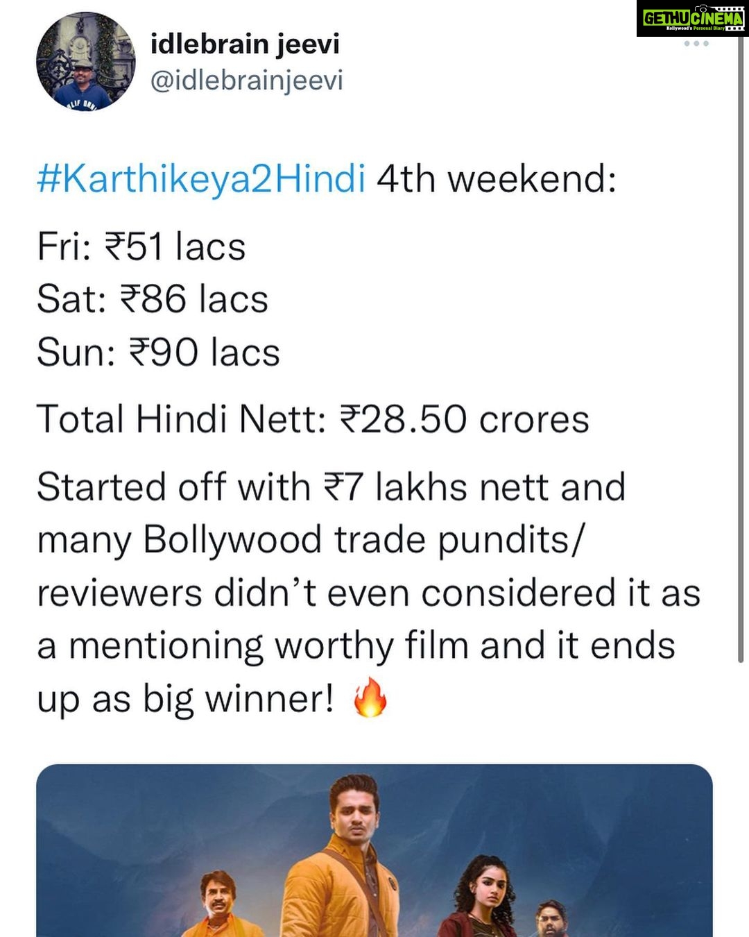 Nikhil Siddhartha Instagram - Hindi #Karthikeya2 🔥🙏🏽 Thank you for this… Love to Everyone who has made this possible #Karthikeya2Hindi 4th week and still playing in 1000 locations with 2500 shows… #Karthikeya2 @anupamaparameswaran96 @anupampkher @abhishekofficl @tgvishwaprasad @actorysr @harshachemudu