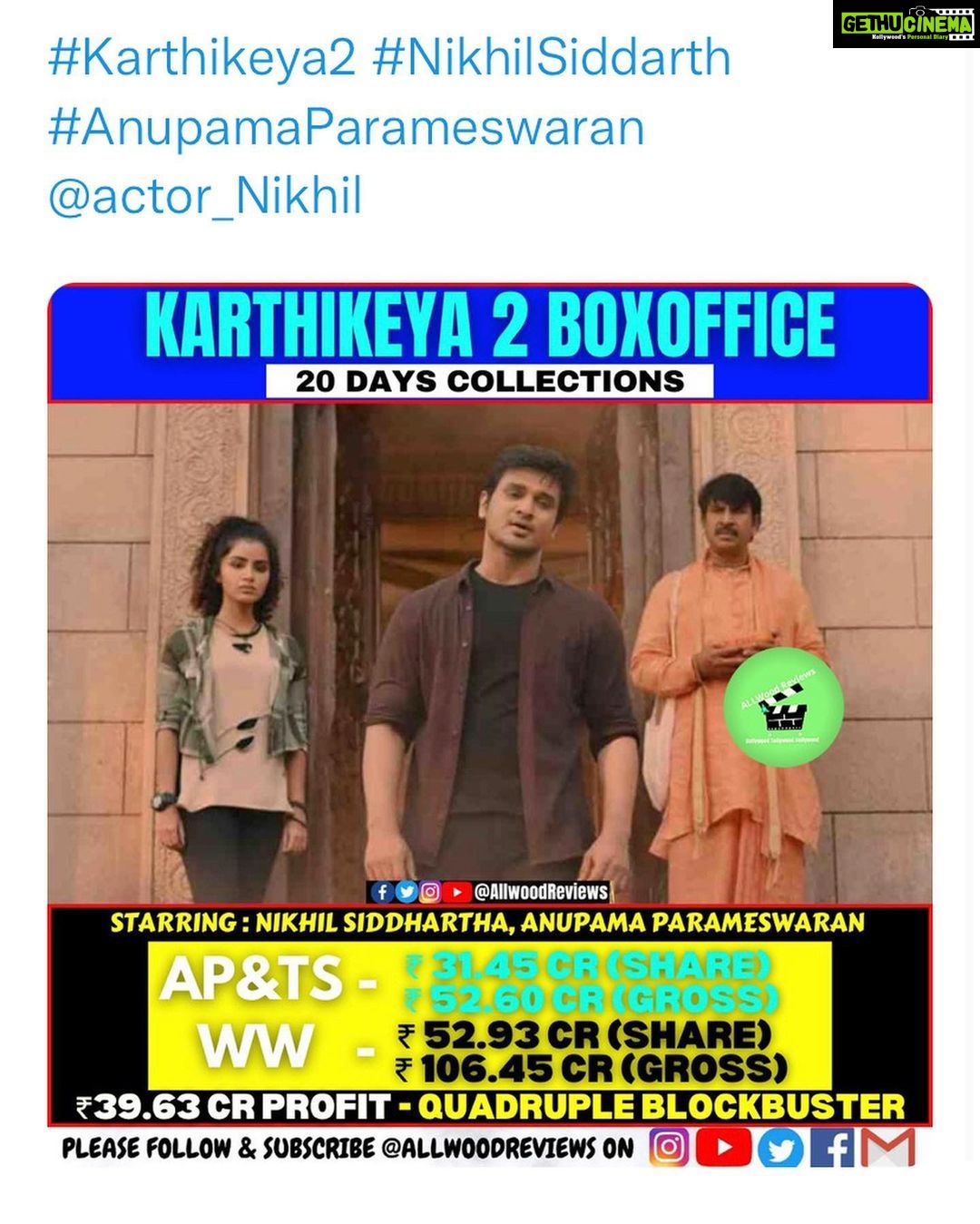 Nikhil Siddhartha Instagram - ππ½ππ½ππ½ Indian Movie Loversβ¦ thanks for the Unanimous Love for #Karthikeya2Hindi #Karthikeya2 We have been crossing some big milestones and itβs all thanks to u ππ½ππ½ππ½ππ½ππ½ππ½ we r still playing in every cityβ¦ please do watch it if you havenβt yet ππ½π₯