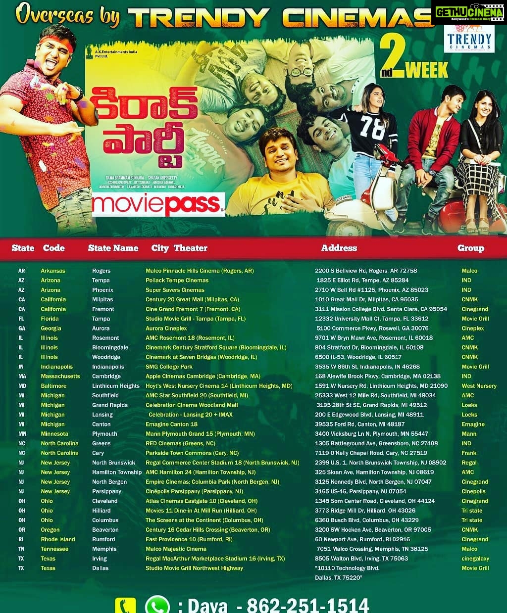 Nikhil Siddhartha Instagram - USA Moviegoers KIRRAK PARTY has All OFFERS nd PASSES ENABLED this weekend 😊 Check the below pic for locations.. #KirrakParty playing in more than 40 locations in it's 2nd Week...