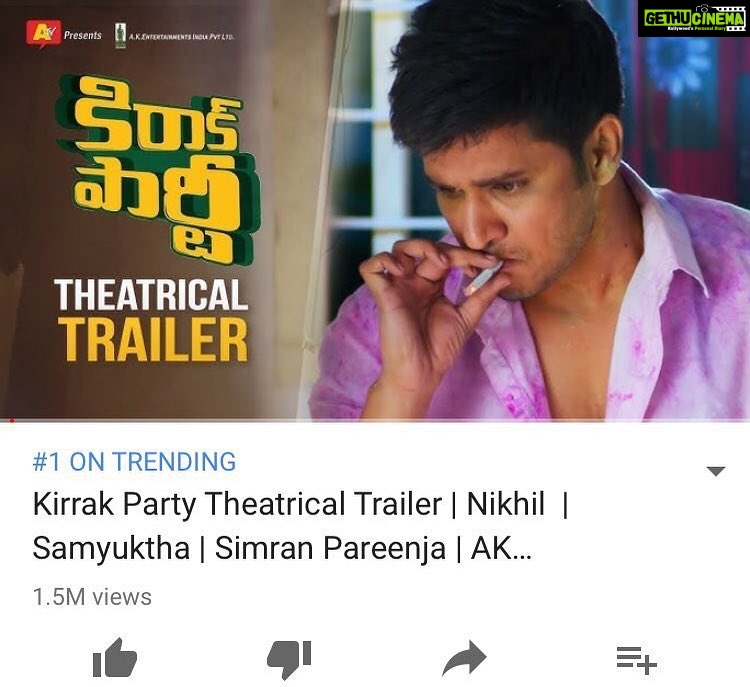 Nikhil Siddhartha Instagram - Kirrak Party TRENDING #1 on Youtube ... πππΌπππ»π€© Thanks for all the love My lovely friends... hope U love the film Tomorrow too πππ