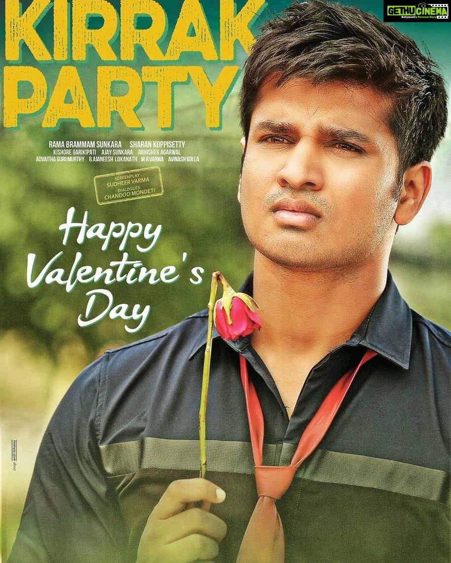 Nikhil Siddhartha Instagram - All you Singles Nd Mingles 😋😉 Here is wishing you all this Valentine's day KIRRAK STYLE with @actor_Nikhil's #KirrakParty #GetBack #ToYourCollegeDays | @SamyukthaHegde @Simranpareenja1 @AnilSunkara1 @AbhishekOfficl @kishore_Atv #SharanKoppishetty | #happyvalentinesday