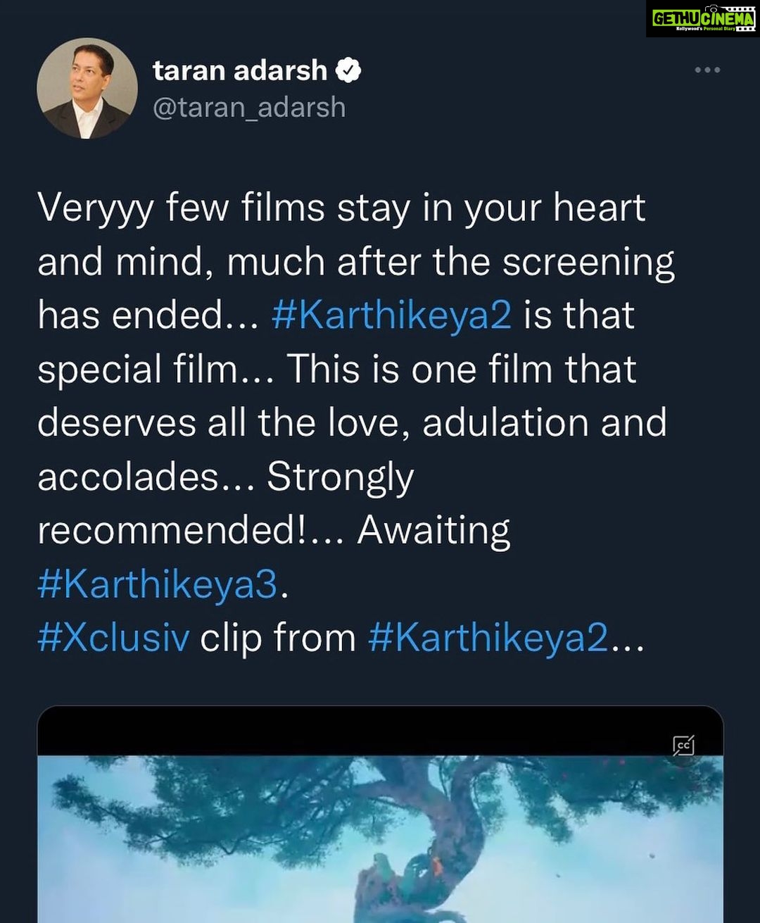 Nikhil Siddhartha Instagram - Thanks for such a Fantastic Review of #Karthikeya2Hindi Taran Adarsh Sir ππ½ Top Reviews in HINDI TOOπ₯ #Karthikeya2