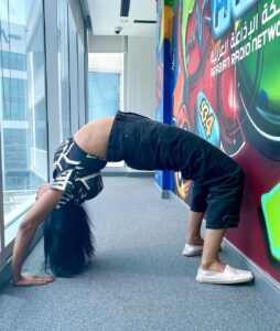 Nyla Usha Instagram - It's Yoga day...
This year, I have upgraded to a (not so perfect ) Chakrasana from the tree pose. 
> >swipe>>
Thanks to the bird I flock with😃