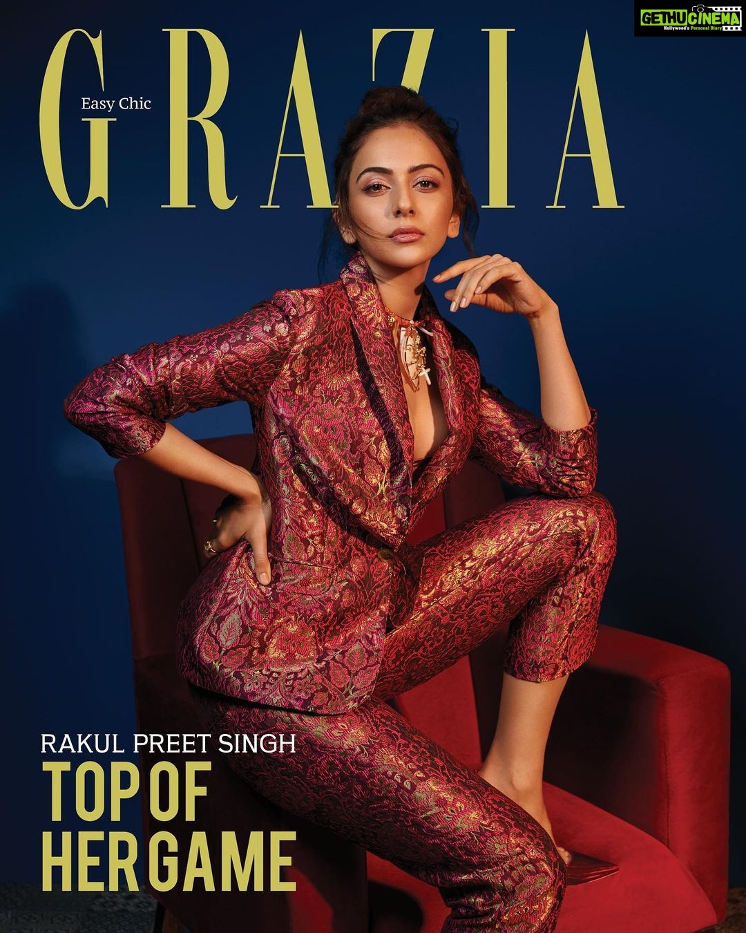 Rakul Preet Singh Instagram - Walking the line between South Indian cinema and Bollywood, Rakul Preet Singh has quickly become a force to be reckoned with. After building a stellar filmography in the south, she set her sights on breaking into Bollywood. At 20, she found herself essaying the role of Saloni in the coming-of-age flick, Yaariyan, which proved to be a blockbuster. From then to her recent hits like, Runway 34 and Cuttputlli, she has never looked back. Rakul Preet is wearing a brocade blazer, brocade trousers, both by @marksandspencerindia; heart choker, Outhouse; sling-back pumps, Christian Louboutin Photograph: Aneev Rao Fashion Director: Pasham Alwani Words: Pratiksha Acharya Make up: Salim Sayyed Hair stylist: Aliya Shaikh Assisted by (styling): Nahid Nawaaz, Nishtha Parwani Artist's PR: Meghna Chadha #RakulPreetSingh #GraziaIndia #Magazine #DigitalCover #Bollywood #Actress #RakulPreet