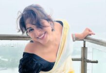 Samyuktha Menon Instagram - Be a laugh riot 😁 Rain and my balcony ! ❤️❤️❤️ 📸 @faizsiddik #rain #candid #onam #keralasaree #kerala #balcony