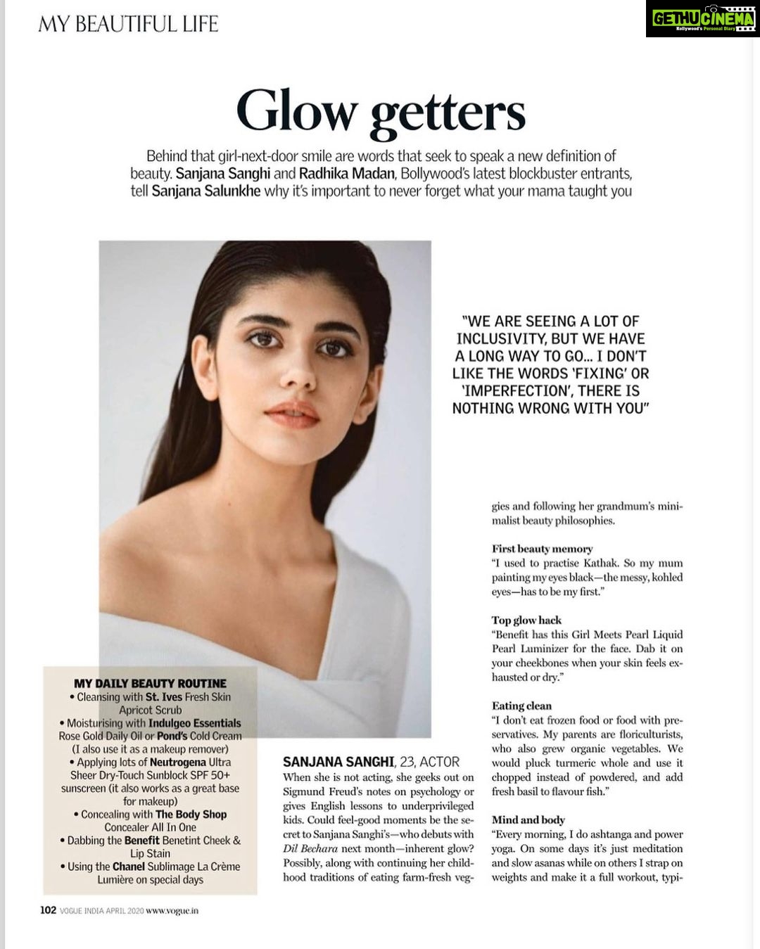 Sanjana Sanghi Instagram - Thank you @vogueindia ♥️ Vogue Glow Getter 🤩🤍 | Story in the iconic “My Beautiful Life Series” by @vogue | A huge heap of gratitude to kindest team at Vogue for this incredibly special conversation. Vogue India, April 2020 issue Free digital subscription for this month!