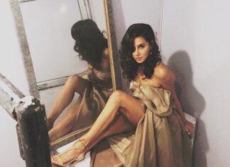 Shibani Dandekar Instagram - Waiting backstage for the show to start ... yep exactly like this! 😜🥤 Gown @hemakaullabel @pw_pr Earrings @azotiique styled by @khyatibusa hair by @azima_toppo for the #ceatcricketawards