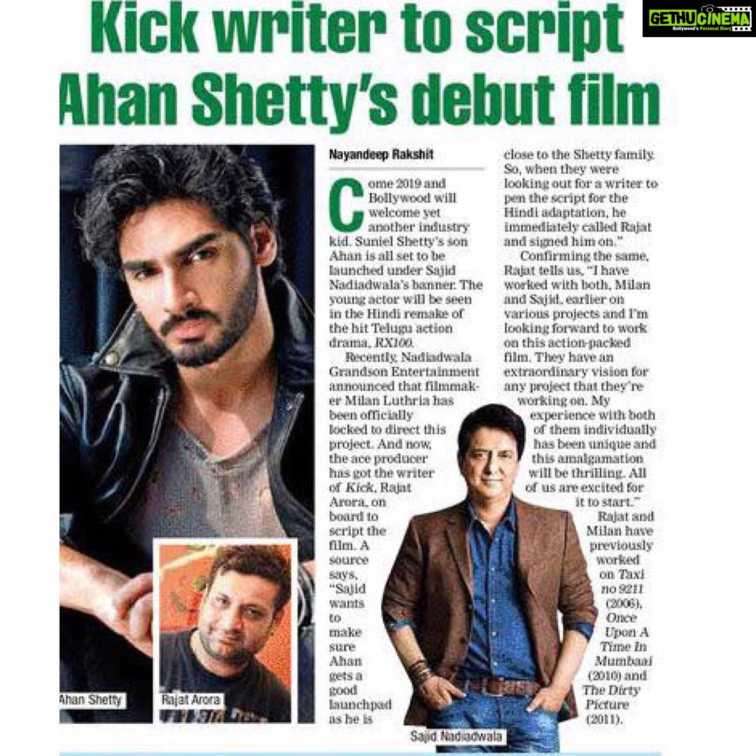 Suniel Shetty Instagram - You’re blessed @ahan.shetty !!! Make it count 👍. @rajat1975 #SajidNadiadwala #milanluthria #RX100 @NGEMovies @WardaNadiadwala @dnaAfterHrs #RX100 @nadiadwalagrandson @wardakhannadiadwala