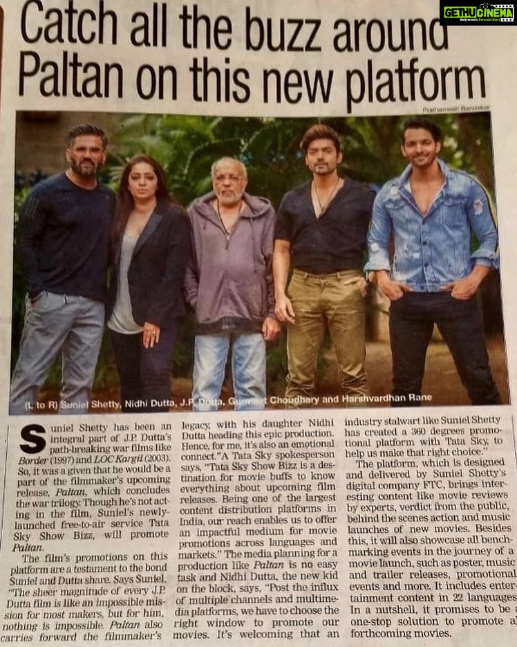 Suniel Shetty Instagram - Excited about the launch of SHOWBIZZ #311 , our first Free to Air 24 Hr service with our numero uno partner @tataskyofficial . Fitting indeed that we launch a mega project like this with JP Saab’s magnum opus. Good luck to both teams!! @bombaytimes @nidhiduttaofficial @guruchoudhary @harshvardhanrane #Paltan #JPDutta